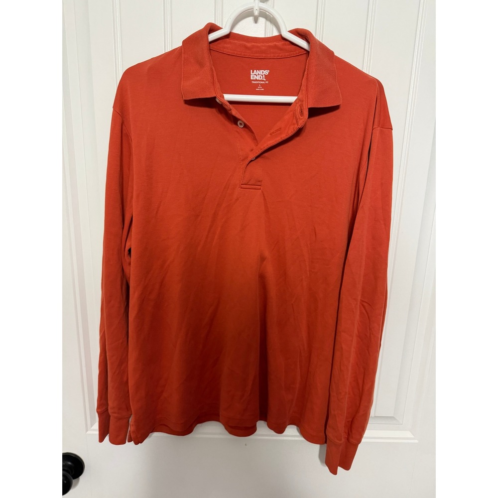 Lands' End Polo Shirt Mens L Orange Traditional Fit Long Sleeve Solid Cotton